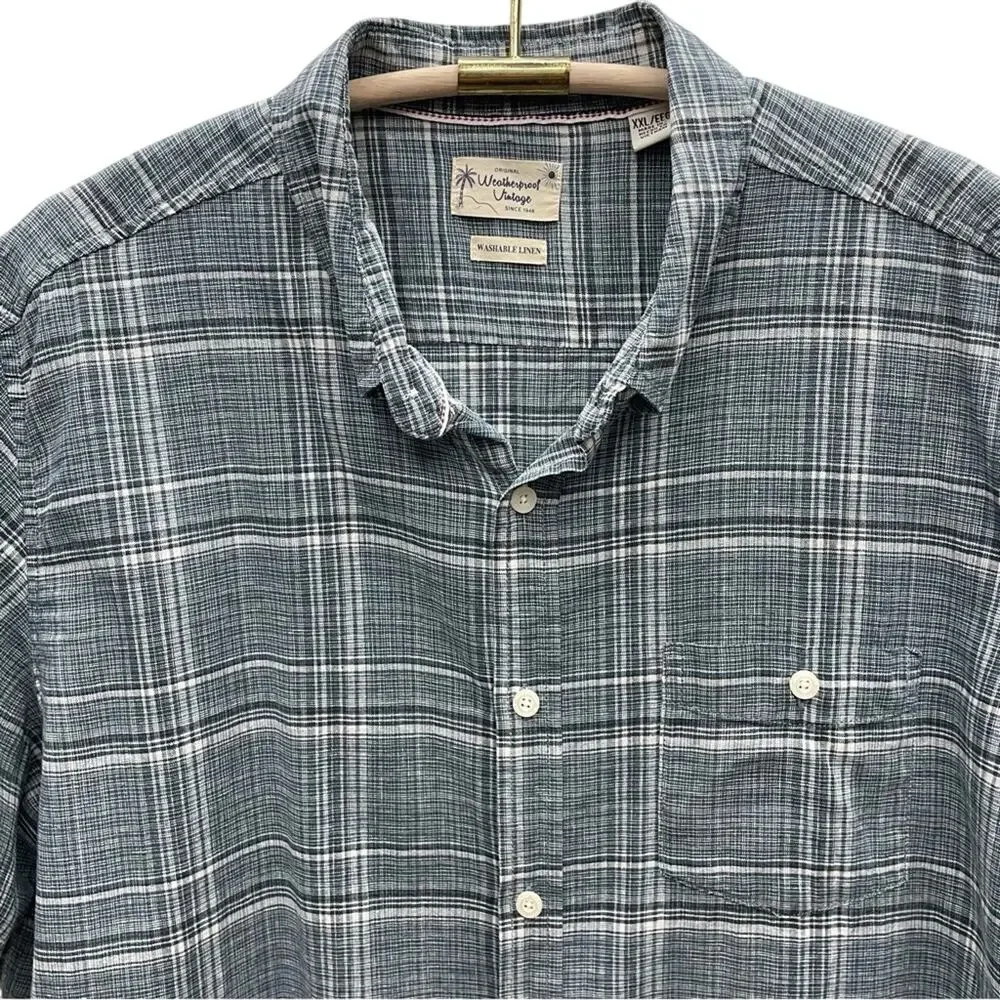 Weatherproof Vintage Men’s Blue Plaid Linen Shirt Size XXL